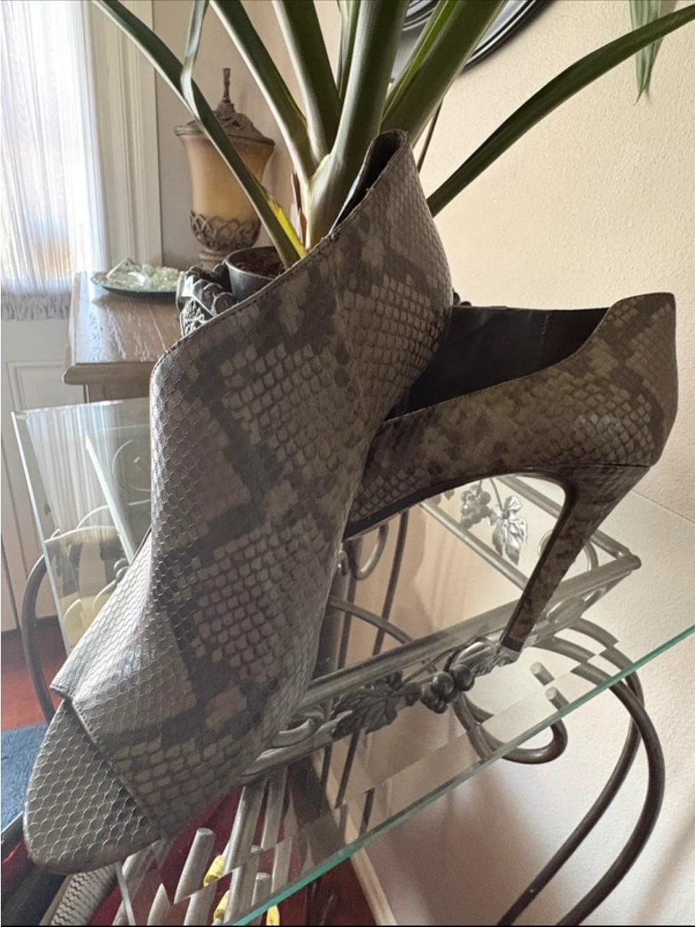 Calvin Klein Gray Snake-Print Peep-Toe Stiletto Booties